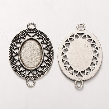 Tibetan Style Alloy Oval Cabochon Connector Bezel Settings, Cadmium Free & Lead Free, Antique Silver, Tray: 13x18mm, 39x26x2mm, Hole: 3mm, about 217pcs/kg