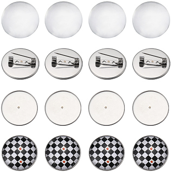 DIY Blank Dome Brooch Making Kit, Including 304 Stainless Steel Brooch Cabochon Settings, Flat Round, Glass Cabochons, Stainless Steel Color, 40Pcs/box
