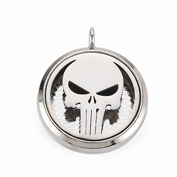 Alloy Diffuser Locket Pendants, with Stainless Steel Cover and Magnet, Magnetic, Cadmium Free & Nickel Free & Lead Free, Flat Round with Skull, Platinum, 36x30x6.5mm, Hole: 3.5mm, Inner Diameter: 23mm