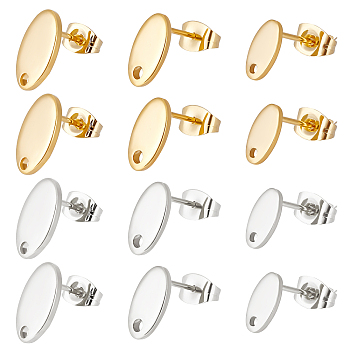 60Pcs 6 Style 201 Stainless Steel Stud Earring Findings, with Hole & 304 Stainless Steel Pins & Ear Nuts, Oval, Golden & Stainless Steel Color, 9~12.5x5~7.5mm, Hole: 1.2~1.6mm, Pin: 0.8mm, 10Pcs/style