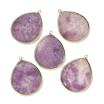 Natural Lilac Jade Pendants, with Brass Findings, Teardrop, Golden, 41~41.5x32x2mm, Hole: 1.5mm