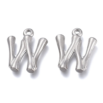 304 Stainless Steel Pendants, Bamboo Shaped Letter, Stainless Steel Color, Letter.W, 17.5~19x10~16x3~4mm, Hole: 1.8~2mm