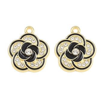 Alloy Black Enamel Pendants, with Crystal Rhinestone, Flower Charms, Rack Plating, Golden, 19.5x17x3.5mm, Hole: 2mm
