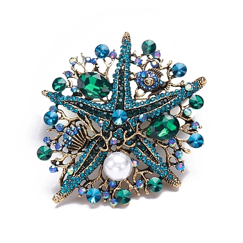 Alloy Brooches, Rhinestone Pin, Jewely for Women, Starfish, Green, 70x66mm