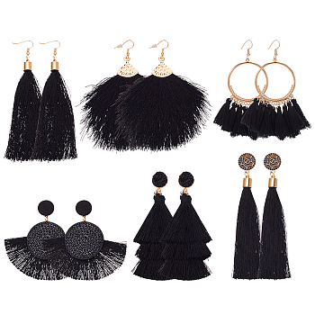 6 Pairs 6 Style Polyester Tassel Dangle Stud Earrings with Rhinestone, Alloy Jewelry for Women, Black, 75~115mm, Pin: 0.6~0.8mm, 1 Pair/style