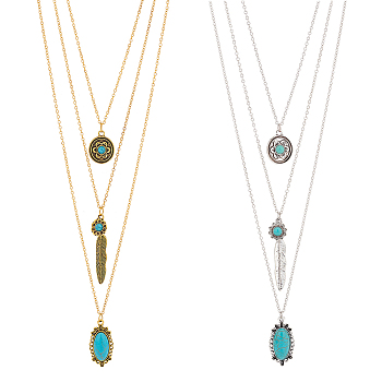 2Pcs 2 Colors Flower & Feather & Oval Imitation Turquoise Pendants 3 Layer Necklaces Set, Alloy Jewelry for Women, Platinum & Golden, 18.66 inch(47.4cm), 1Pc/color