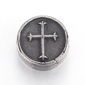 304 Stainless Steel Beads, Flat Round with Cross, Gunmetal, 10.5x4.5mm, Hole: 2mm