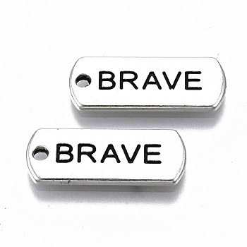 Tibetan Style Alloy Pendants, Lead Free & Cadmium Free, Inspirational Message Charms, Rectangle with Word Brave, Antique Silver, 8x20.5x1.5mm, Hole: 1.6mm, about 650pcs/1000g