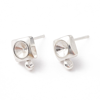 201 Stainless Steel Stud Earring Findings, with 316 Surgical Stainless Steel Pins and Vertical Loops, For Pointed Back Rhinestone, Square, 925 Sterling Silver Plated, 8.5x6mm, Hole: 1.6mm, Pin: 0.7mm, Tray: 4mm