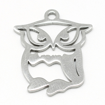 304 Stainless Steel Pendants, Owl, Stainless Steel Color, 19.5x16x1mm, Hole: 2mm