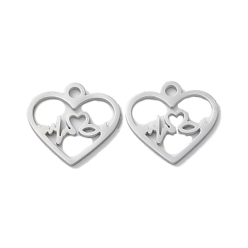 304 Stainless Steel Charms, Manual Polishing, Heart, Stainless Steel Color, 12x13x1mm, Hole: 1.6mm