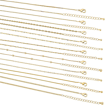 9Pcs 9 Style Brass Chain Necklaces Set for Men Women, with 1Pc Metallic Wire Twist Ties, Real 18K Gold Plated, 15.94~16.54 inch(40.5~42cm), 1pc/style