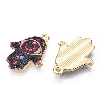 Printed Light Gold Tone Alloy Pendants, Hamsa Hand with Eye Charms, Dark Red, 23x18x2mm, Hole: 1.4mm