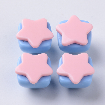 Opaque Acrylic Beads, Two Tone, with Star Flat Plate, Half Drilled, Pyramid, Pink, 16~17x16x13.5mm, Half Hole: 3.5mm