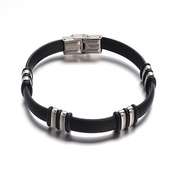 Jewelry Black Color PU Leather Cord Bracelets, with 304 Stainless Steel Findings and Watch Band Clasp, Stainless Steel Color, 230x10mm