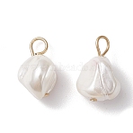 Electroplated Shell Pearl Nuggets Charms, with 304 Stainless Steel Loops, White, Golden, 14x7.5~9.5x7.5mm, Hole: 2.5mm(PALLOY-JF04641-01)