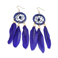Feather Woven Net Chandelier Earrings, Alloy Long Tassel Drop Earrings for Women, Medium Blue, 126mm, Pin: 0.6mm(EJEW-H090-01H)