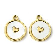 Ion Plating(IP) 304 Stainless Steel Pave Shell Flat Round Charms with Heart, Real 14K Gold Plated, 14.5x12.5x2mm, Hole: 1.6mm(X-FIND-Z028-06G)