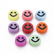 Opaque Acrylic Beads, with Enamel, Flat Round with Smile Face, Mixed Color, 10x5mm, Hole: 2mm(X-MACR-N008-55-B)