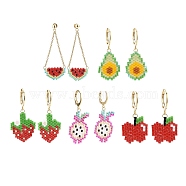 5 Pairs 5 Styles Handmade Japanese Seed Braided Fruit Dangle Leverback Earrings & Stud Earrings, with Golden Tone 304 Stainless Steel Findings, Mixed Color, 32~51mm, Pin: 0.8mm, 1 pair/style(EJEW-MZ00022)