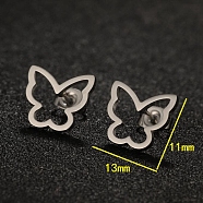 304 Stainless Steel Stud Earrings with 316 Surgical Stainless Steel Pins, Hollow Butterfly, Stainless Steel Color, 11x13mm(PW-WG57925-06)