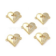 Brass Micro Pave Clear Cubic Zirconia Connector Charms, Heart Links with Cross, Real 18K Gold Plated, 20x15.5x3.5mm, Hole: 1.5mm(KK-E068-VB352)