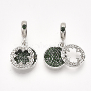 Alloy European Dangle Charms, with Rhinestone, Large Hole Pendants, Flat RoundEmerald & Crystal with Clover, Emerald & Crystal, Platinum, 27mm, Hole: 5mm(X-MPDL-S067-028P)