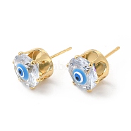 Flat Round Glass with Enamel Evil Eye Stud Earrings, Real 18K Gold Plated Brass Jewelry for Women, Deep Sky Blue, 11mm, Pin: 0.8mm(EJEW-P210-04G-06)