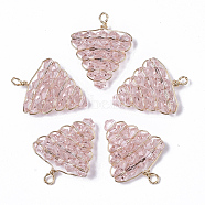 Glass Pendants, Wire Wrapped Pendants, with Real 18K Gold Plated Brass Wires, Nickel Free, Grape, Pink, 21x16x3.5mm, Hole: 2mm(KK-S354-002A-NF)