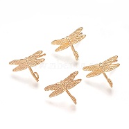 Brass Stud Earring Findings, with Loop, Nickel Free, Real 18K Gold Plated, Dragonfly, 12x16mm, Hole: 1mm, Pin: 0.8mm(X-KK-Q735-142G)