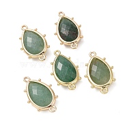 Natural Green Aventurine Connector Charms, with Golden Plated Brass Edge Loops, Faceted, Teardrop, 24x14.5x5mm, Hole: 1.2mm & 1.4mm(G-G012-05G-19)