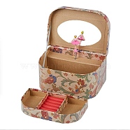 Hand Crank Musical Jewelry Cardboard Boxes, 2 Layer Storage Boxes with Pink Dancer and Mirror inside, for Girl's Gift, Rectangle with Pattern, Flower Pattern, 16.8x12.8x7.8cm(CON-M008-01B)