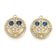 Rack Plating Alloy Pendants, with Crystal & Capri Blue Rhinestone, Cadmium Free & Nickel Free & Lead Free, Flat Round with Smiling Face, Light Gold, 19.5x17x3.5mm, Hole: 1.6mm(PALLOY-N155-161)