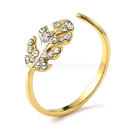 304 Stainless Steel Rhinestone Open Cuff Rings for Women, Leaf, Real 18K Gold Plated, 7.5mm, Inner Diameter: Adjustable(RJEW-F166-24G-01)