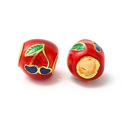 Rack Plating Alloy Enamel European Beads, Large Hole Bead, Drum Bead with Cherry, Matte Gold Color, Red, 9.5x9x10mm, Hole: 4mm(ENAM-M048-25MG-B)