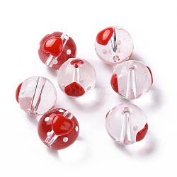 Transparent Glass Beads, with Enamel, Round, Red, Heart Pattern, 11.5~12x11mm, Hole: 1.5~1.6mm(LAMP-B021-03A-04)