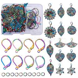 DIY Drop Leverback Earring Making Kit, Including Flower & Leaf & Fan & Heart 430 Stainless Steel Pendants, 304 Stainless Leverback Earring Findings, Dark Turquoise, 48Pcs/box(DIY-SZ0008-70)