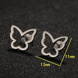 Tarnish Resistant 304 Stainless Steel Stud Earrings with 316 Surgical Stainless Steel Pins, Hollow Butterfly, Stainless Steel Color, 11x13mm(PW-WG57925-06)