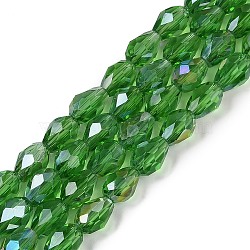 Transparent Electroplate Glass Beads Strands, AB Color Plated, Faceted, Teardrop, Green, 8x6mm, Hole: 1.2mm, about 65~67pcs/strand, 20.08''(51cm)(EGLA-N013-T6mm-B14)