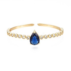Glass Teardrop Open Cuff Bangle with Clear Cubic Zirconia for Women, Real 18K Gold Plated Brass Jewelry, Nickel Free, Dark Blue, Inner Diameter: 2-1/8 inch(5.5cm)(BJEW-N012-013A)