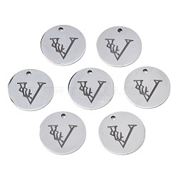 304 Stainless Steel Charms, Laser Cut, Designed Letter Engraved, Flat Round, Stainless Steel Color, Letter.V, 14x1mm, Hole: 1.2mm(STAS-T059-26P-V)