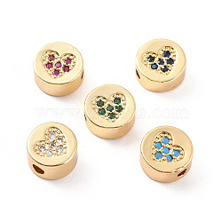 Rack Plating Brass Micro Pave Cubic Zirconia Beads, Cadmium Free & Lead Free, Real 18K Gold Plated, Flat Round with Heart Pattern, Mixed Color, 11x5mm, Hole: 2mm(ZIRC-C035-26G)