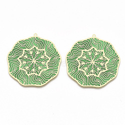 Brass Enamel Pendants, Etched Metal Embellishments, Matte Gold Color, Flower, Medium Sea Green, 42x40x0.3mm, Hole: 1.5mm(KK-N223-17B)