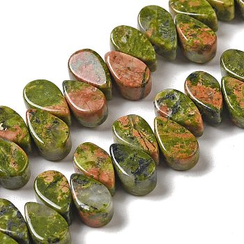 Natural Unakite Beads Strands, Teardrop, Top Drilled, 9~10x5~5.5x3.5~4mm, Hole: 0.7mm, about 40~48pcs/strand, 7.09~7.28''(18~18.5cm).