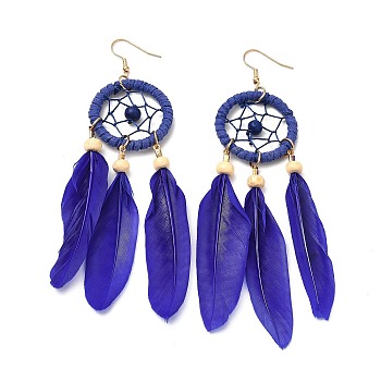 Feather Woven Net Chandelier Earrings, Alloy Long Tassel Drop Earrings for Women, Medium Blue, 126mm, Pin: 0.6mm