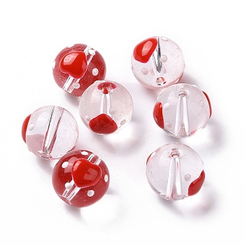 Transparent Glass Beads, with Enamel, Round, Red, Heart Pattern, 11.5~12x11mm, Hole: 1.5~1.6mm