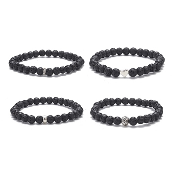 4Pcs 4 Style Heart & Round & Flat Round Alloy & Natural Lava Rock Beaded Stretch Bracelets Set for Women, Inner Diameter: 2-1/4 inch(5.6cm), 1Pc/style