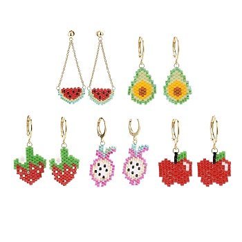 5 Pairs 5 Styles Handmade Japanese Seed Braided Fruit Dangle Leverback Earrings & Stud Earrings, with Golden Tone 304 Stainless Steel Findings, Mixed Color, 32~51mm, Pin: 0.8mm, 1 pair/style