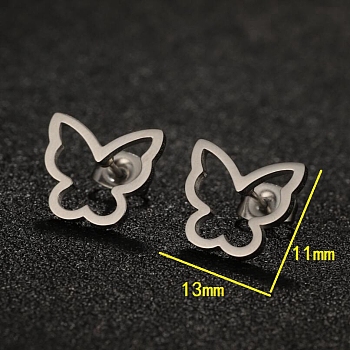 304 Stainless Steel Stud Earrings with 316 Surgical Stainless Steel Pins, Hollow Butterfly, Stainless Steel Color, 11x13mm