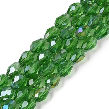 Transparent Electroplate Glass Beads Strands, AB Color Plated, Faceted, Teardrop, Green, 8x6mm, Hole: 1.2mm, about 65~67pcs/strand, 20.08''(51cm)